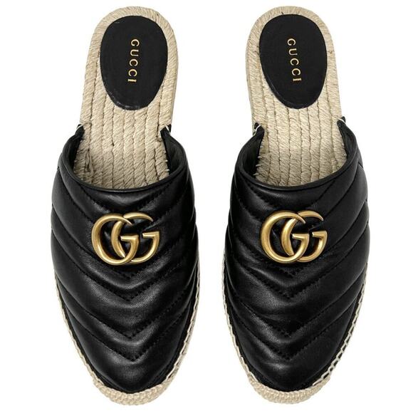 Gucci Shoes - Gucci GG Marmont Black Leather Espadrille Mules –‎ Size 37